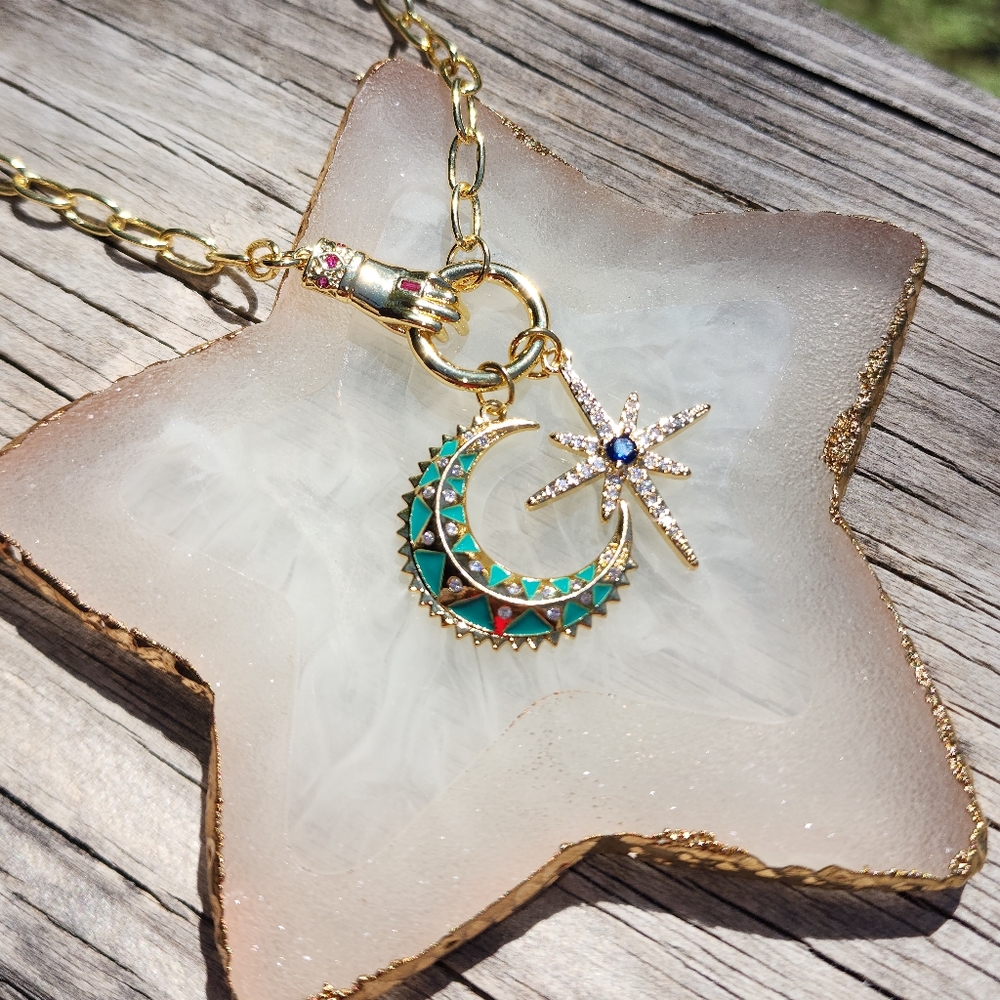 🆕️Crescent Moon & Starburst Paper Clip Chain 18k Gold Plated Necklace CZ NEW - Picture 4 of 6